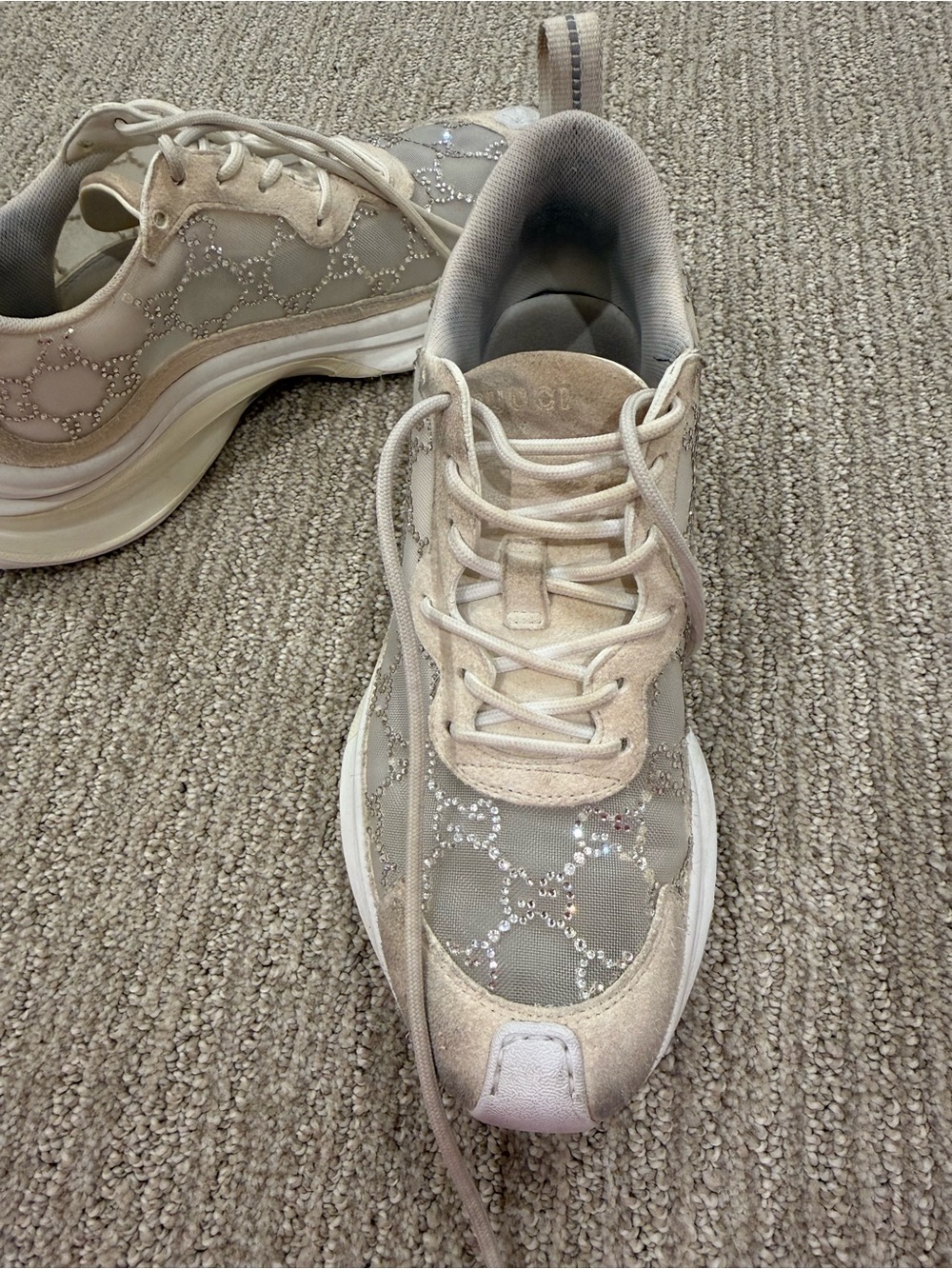 White Gucci Run Rhinestone Accent Sneakers